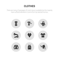 9 round vector icons such as turtleneck, basketball jersey, blazer, t-shirt, shawl contains soccer shoe, parka, pijama, corset. turtleneck, basketball jersey, icon3_, gray clothes icons