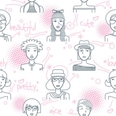 It-girls pattern, pink and gray. Seamless pattern made with a set of avatars of young women on a background of strokes and words. The drawing is colored with pink and gray tones.