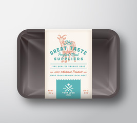 Great Taste Goat. Abstract Vector Meat Plastic Tray Container with Cellophane Cover. Retro Typography Packaging Design Label Template. Hand Drawn Goat Vintage Background Layout.