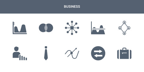 10 business vector icons such as suitcase, synchronization, tangent, tie, user stats contains users interconnected, value chart, variety, venn diagram, wave chart. business icons