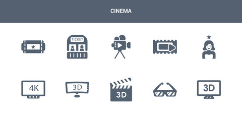 10 cinema vector icons such as 3 dimension screen, 3d glasses, 3d movie, 3d television, 4k contains actress, animation, author, box office, buy tickets online. cinema icons
