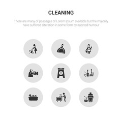 9 round vector icons such as dish soap, dusting, cleaning tools, dust, wet floor contains hand soap, charwoman, dust pan, sweep. dish soap, dusting, icon3_, gray cleaning icons