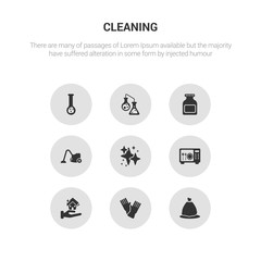 9 round vector icons such as trash bag, sanitize, clean-living, sterilization, neat contains hoover, acid, chemical reaction, hard water. trash bag, sanitize, icon3_, gray cleaning icons