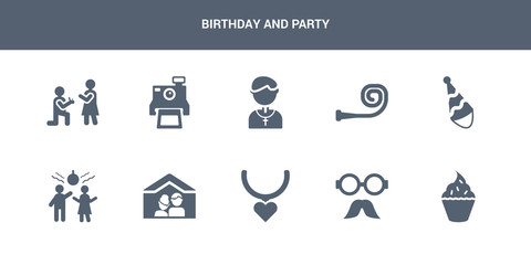 10 birthday and party vector icons such as muffin, mustache, necklace, newlyweds, party contains party hat, horn, pastor, polaroid, proposal. birthday and icons