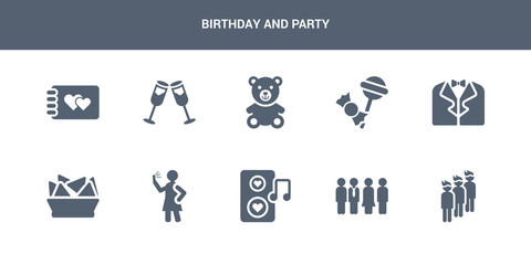 10 birthday and party vector icons such as queue, relationship, romantic music, selfie, snack contains suit, sweet, teddy bear, toast, wedding album. birthday and party icons
