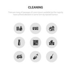 9 round vector icons such as duster, hand wash, garbage truck, cleaning house, cleaning window contains cleaning spray, clean, clothes softener. duster, hand wash, icon3_, gray icons