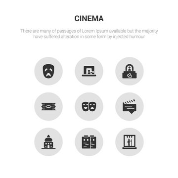9 round vector icons such as stage, storyboard, studio, subtitle, theatre contains ticket, ticket office, ticket window, tragedy. stage, storyboard, icon3_, gray cinema icons