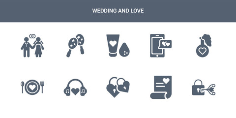 10 wedding and love vector icons such as love key, love letter, lock, music, plate contains potion, smartphone, makeup, maracas, marriage. wedding and icons