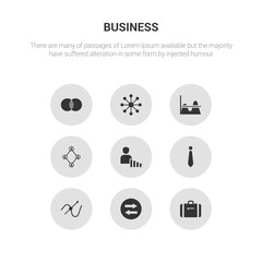 9 round vector icons such as suitcase, synchronization, tangent, tie, user stats contains users interconnected, value chart, variety, venn diagram. suitcase, synchronization, icon3_, gray business