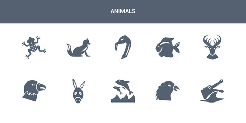 10 animals vector icons such as crocodile, crow, dolphin, donkey, eagle contains elk, fish, flamingo, fox, frog. animals icons