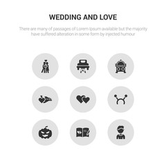 9 round vector icons such as groom, guests book, halloween, headband, hearts contains honeymoon, jukebox, just married, kiss. groom, guests book, icon3_, gray wedding and love icons