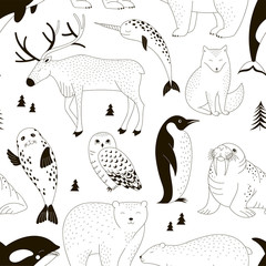 Seamless vector pattern with Polar Bear Walrus Penguin Narwal Seal Reindeer Killer Whale Arctic Fox Owl. Arctic Wildlife one colour background. Polar animals print. Antarctic Creatures in Scandinavian © AngellozOlga
