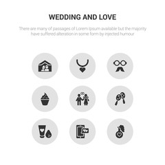 9 round vector icons such as love potion, love smartphone, makeup, maracas, marriage contains muffin, mustache, necklace, newlyweds. love potion, smartphone, icon3_, gray wedding and icons