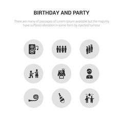 9 round vector icons such as party, party hat, party horn, pastor, polaroid contains proposal, queue, relationship, romantic music. hat, icon3_, gray birthday and icons