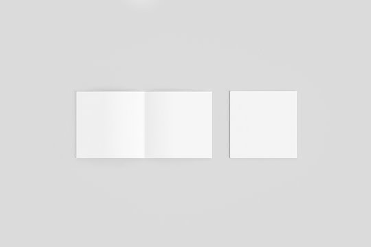 Mockup Of Opened And Closed Blank Square Booklet  Mock-up Isolated On Soft Gray Background.