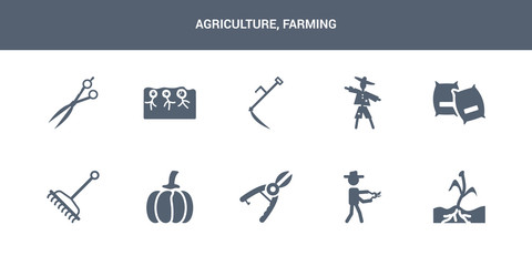 10 agriculture, farming vector icons such as plant sprout, pruners, pruning shears, pumpkin, rake contains sack, scarecrow, scythe, seed, shears. agriculture, farming icons
