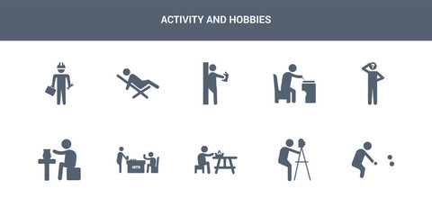 10 activity and hobbies vector icons such as petanque, photography, picnic, playing lotto, pottery contains questioning, quilt, reading, relaxing, repairing. activity and hobbies icons