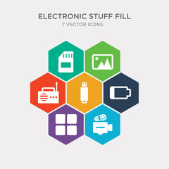simple set of film camera, calculating, empty battery, pen drive icons, contains such as icons radio, picture, memory card and more. 64x64 pixel perfect. infographics vector