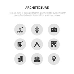 9 round vector icons such as airport, angkor wat, apartments, arc de triomphe, arch contains architecture, baggage, balcony, beach. airport, angkor wat, icon3_, gray architecture icons
