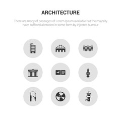 9 round vector icons such as voyage, beach ball, beach shower, big ben, boarding pass contains brandenburg, brickwall, bridge, building. voyage, beach ball, icon3_, gray architecture icons