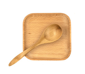 Empty wooden cups (plates) with spoons on white background