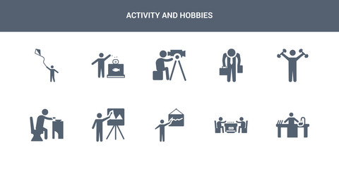 10 activity and hobbies vector icons such as dish washing, dominoes, drawing, easel, eating contains exercising, failure, film making, fish bowl, flying a kite. activity and hobbies icons
