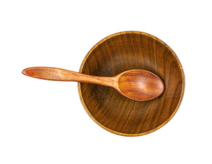 Empty wooden cups (plates) with spoons on white background