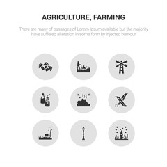 9 round vector icons such as irrigation, lamppost, lawn mower, legume, manure contains milk bottle, mill, mower, mushroom. irrigation, lamppost, icon3_, gray agriculture, farming icons