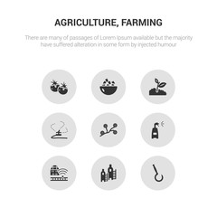9 round vector icons such as sickle, silo, smart farm, sprayer, spring flower contains sprinkler, sprout, sugar, tomato. sickle, silo, icon3_, gray agriculture, farming icons