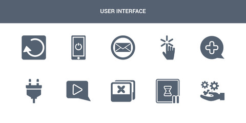 10 user interface vector icons such as options, pause, photos, play button, plugin contains plus, pointer, post, power, previous. user interface icons