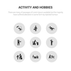 9 round vector icons such as picnic, playing lotto, pottery, questioning, quilt contains reading, relaxing, repairing, resting. picnic, playing lotto, icon3_, gray activity and hobbies icons