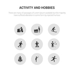 9 round vector icons such as running, screaming, shopping, singing, skateboarding contains skating, skiing, sudoku, wood carving. running, screaming, icon3_, gray activity and hobbies icons