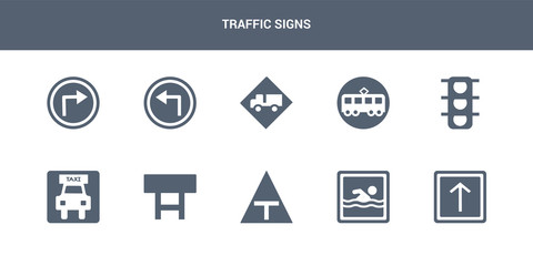 10 traffic signs vector icons such as straight, swimming, t junction, tall, taxi contains traffic lights, tram, truck, turn left, turn right. traffic signs icons