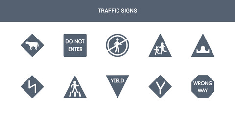 10 traffic signs vector icons such as wrong way, y intersection, yield, zebra crossing, zig zag contains hump or rough, school ahead, pedestrian prohibited, straight prohibitor no entry, cattle.