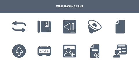 10 web navigation vector icons such as account, add, add user, alarm clock, arrow contains attachment, audio, back, bookmark, repeat. web navigation icons