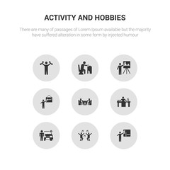 9 round vector icons such as crossword, dancing, dealer, dish washing, dominoes contains drawing, easel, eating, exercising. crossword, dancing, icon3_, gray activity and hobbies icons
