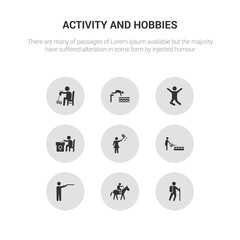 9 round vector icons such as hiking, horse riding, hunting, hydroponics, insect collecting contains jewelry making, jumping, jumping to the water, knitting. hiking, horse riding, icon3_, gray