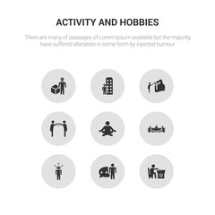 9 round vector icons such as lace making, language, listening music, mahjong, meditating contains meeting with a friend, mineral collecting, model building, modeling. lace making, language, icon3_,