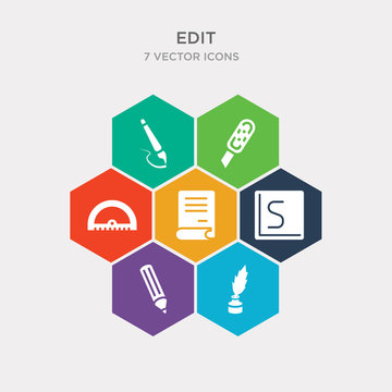 simple set of feather and ink, crayola, s curve, paper with text icons, contains such as icons circle ruler, cutter knife, paintbrush and more. 64x64 pixel perfect. infographics vector