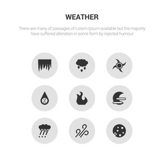 9 round vector icons such as full moon, gust, hailstorm, haze, hot contains humidity, hurricane, ice pellets, icicle. full moon, gust, icon3_, gray weather icons