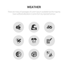 9 round vector icons such as indian summer, isobars, last quarter, light bolt, lightning contains meteorology, mist, moonrise, new moon. indian summer, isobars, icon3_, gray weather icons - obrazy, fototapety, plakaty