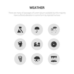 9 round vector icons such as thaw, thundersnow, tornado, tropical storm, tsunami contains twilight, typhoon, umbrella, volcano. thaw, thundersnow, icon3_, gray weather icons