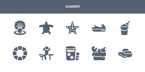 10 summer vector icons such as pamela hat, pinic basket, refreshing cold drink, relax, rubber ring contains sand bucket and shovel, sea scooter, sea star, sea turtle, shell. summer icons