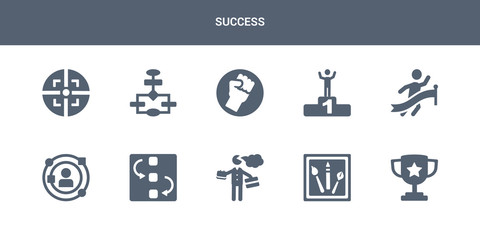 10 success vector icons such as cup, de, entrepreneur, exchanging, experience contains finish line, first, fist, flowchart, focus. success icons