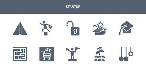 10 startup vector icons such as innovation, investment, leader, market trends, maze contains mortarboard, new product, open padlock, overcome, paper plane. startup icons