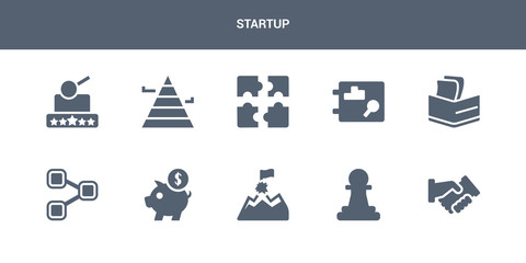 10 startup vector icons such as partnership, pawn, peak, piggybank, procedure contains profits, project, puzzle, pyramid chart, quality. startup icons