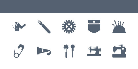 10 sew vector icons such as new sewing machine, old sewing machine, overstitch, paint tube, pin contains pin cushion, pocket, rotary, seam, sew pattern. sew icons