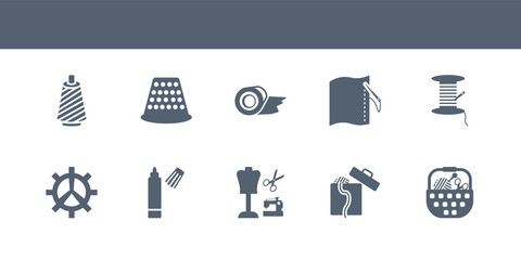 10 sew vector icons such as sewing basket, sewing box, sewing craft, marker, spokes contains spool of thread, stiching, tape, thimble, thread. sew icons