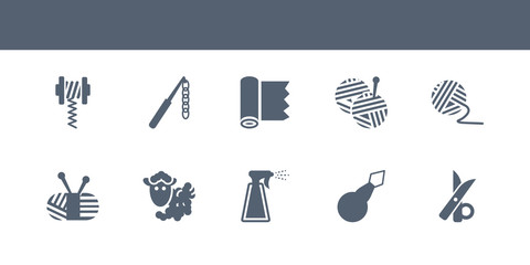 10 sew vector icons such as thread nippers, threader, water spray, wool, wool ball contains yarn, yarn ball, textile, crochet hook, wire coil. sew icons