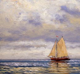 Sailing ship on the sea. Oil paintings landscape, fine ar